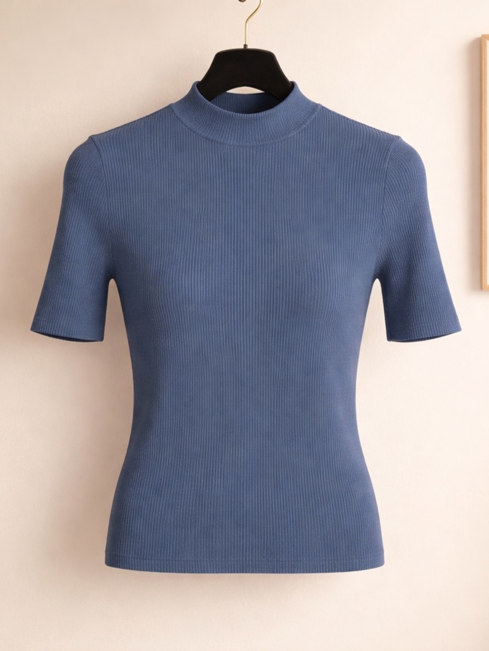 Fitted Ribbed Mock Neck Short-Sleeve Top in Slate Blue